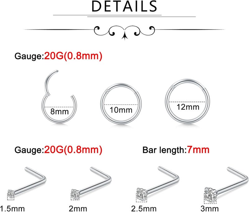 Incaton 20G Stainless Steel Nose Rings for Women Nose Rings Hoops L Shaped Nose Studs Screw Nose Piercing Jewelry for Women Men Silver Rose Gold Black Rainbow - Image 2